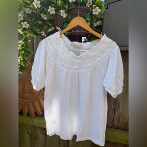 LOFT White Ruffled Blouse with Lace Detail